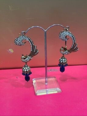 Elegant Crystal Peacock Jhumka Earrings with Blue Drops